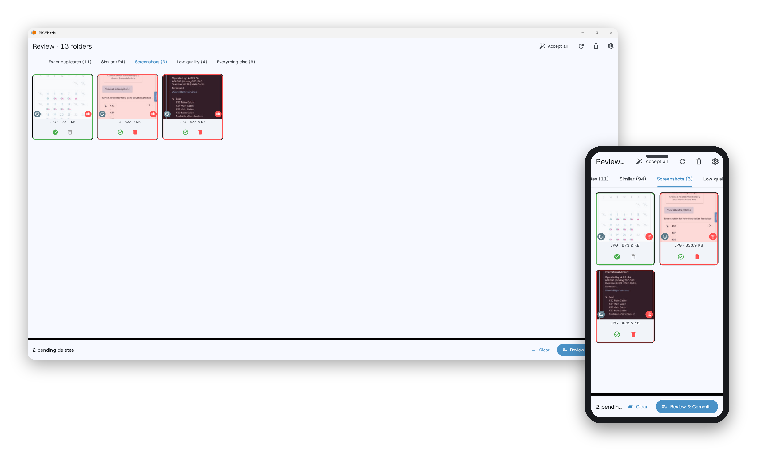 Burst shot and screenshot detection results in BitWhittle, separating duplicate bursts from low-quality photos.